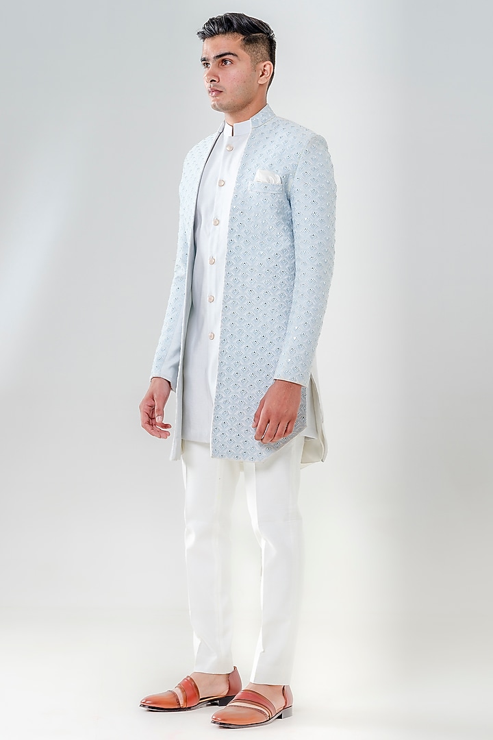 Powder Blue Cotton Silk Wedding Indowestern Set by Amrit Dawani at Pernia's Pop Up Shop