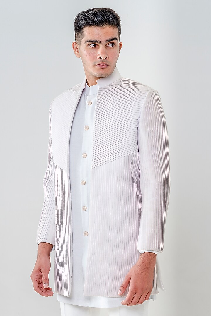 Dusty Grey Cotton Silk Pleated Wedding Indowestern Set by Amrit Dawani at Pernia's Pop Up Shop
