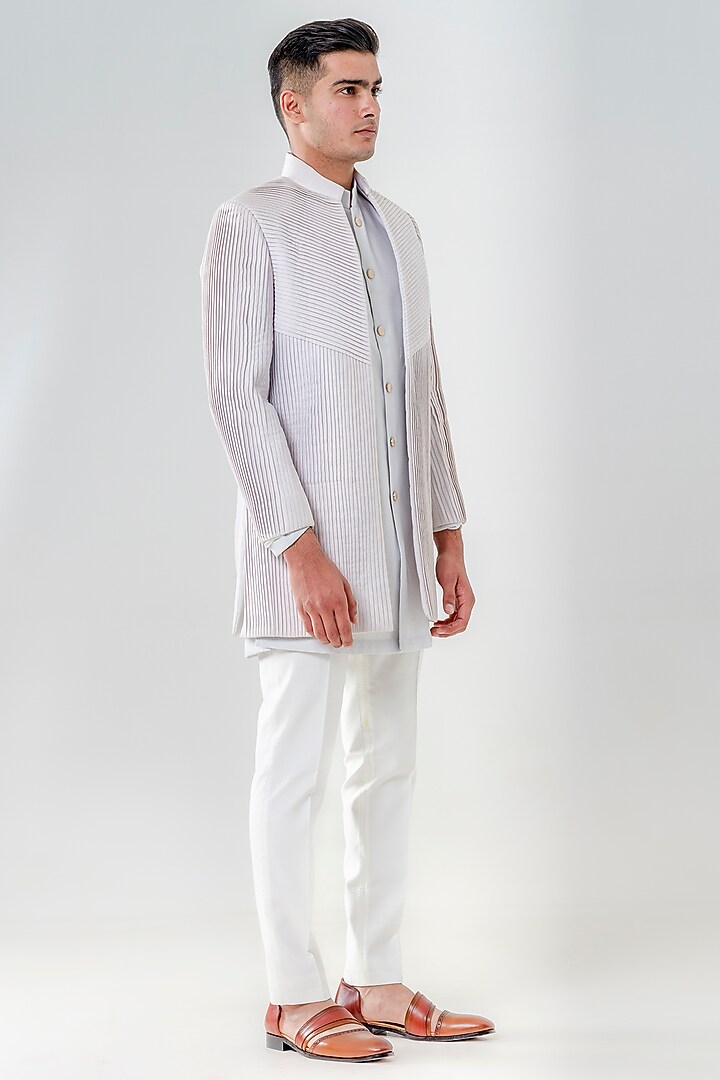 Dusty Grey Cotton Silk Pleated Wedding Indowestern Set by Amrit Dawani at Pernia's Pop Up Shop
