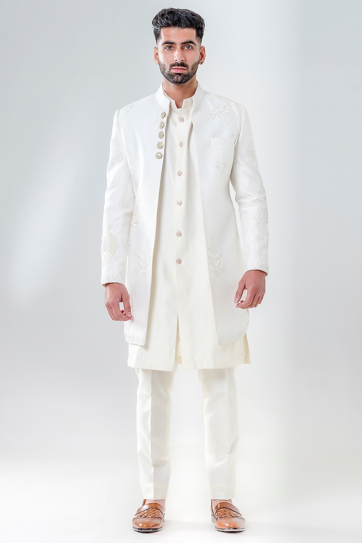 Ivory Cotton Silk Embroidered Wedding Indowestern Set by Amrit Dawani at Pernia's Pop Up Shop