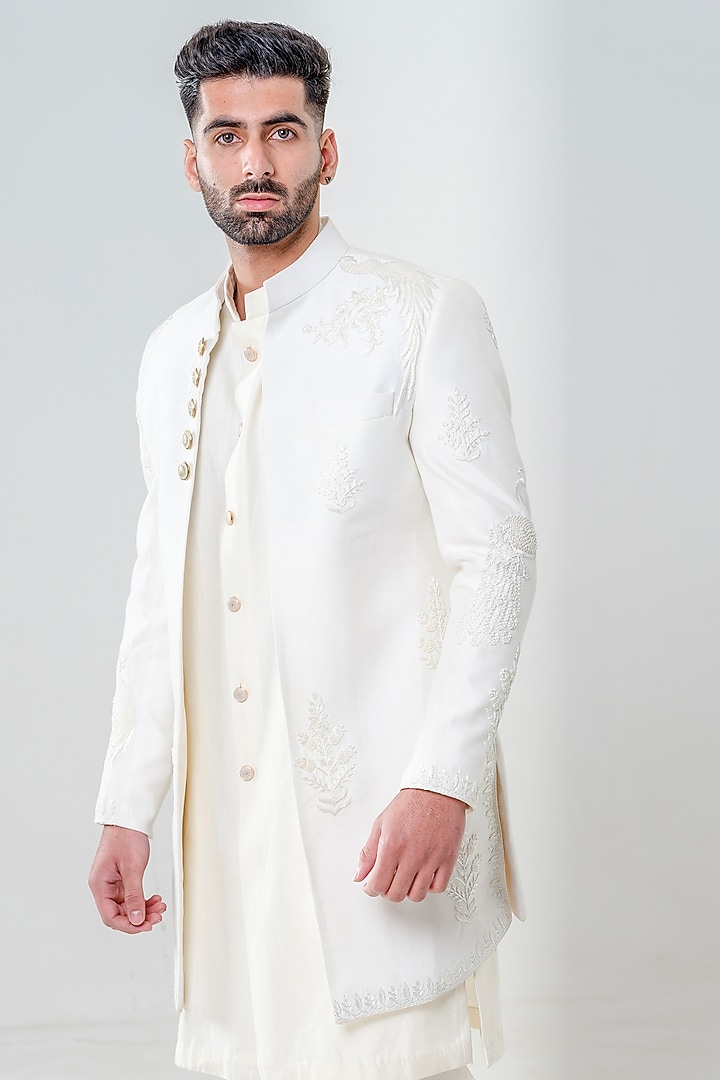 Ivory Cotton Silk Embroidered Wedding Indowestern Set by Amrit Dawani at Pernia's Pop Up Shop