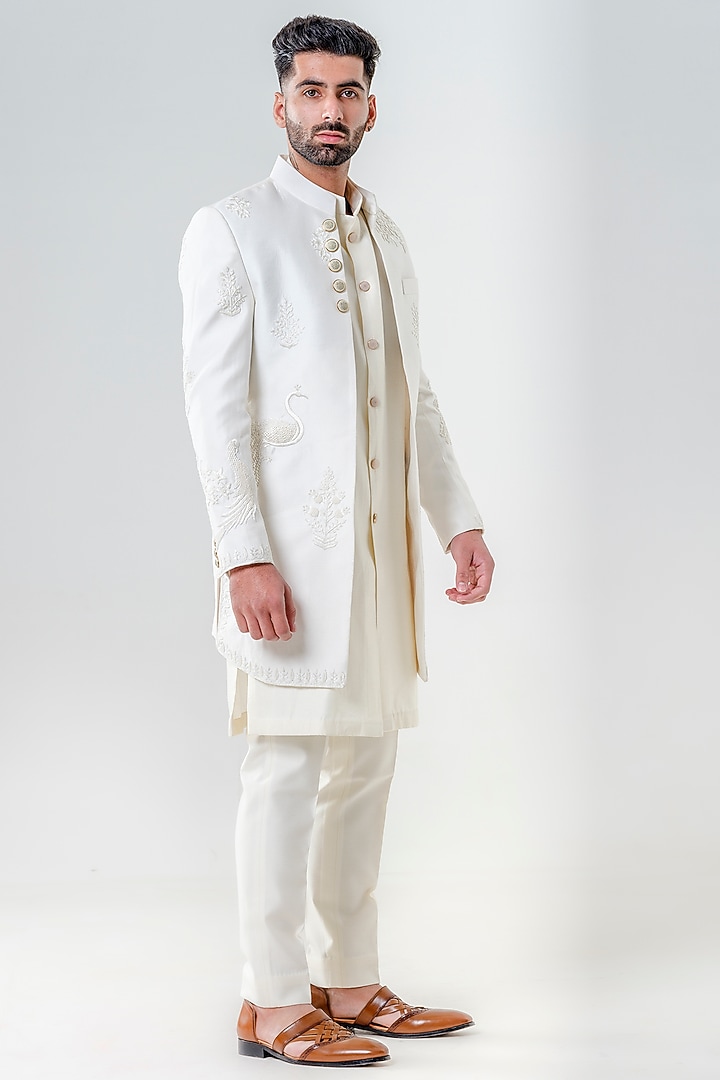 Ivory Cotton Silk Embroidered Wedding Indowestern Set by Amrit Dawani at Pernia's Pop Up Shop