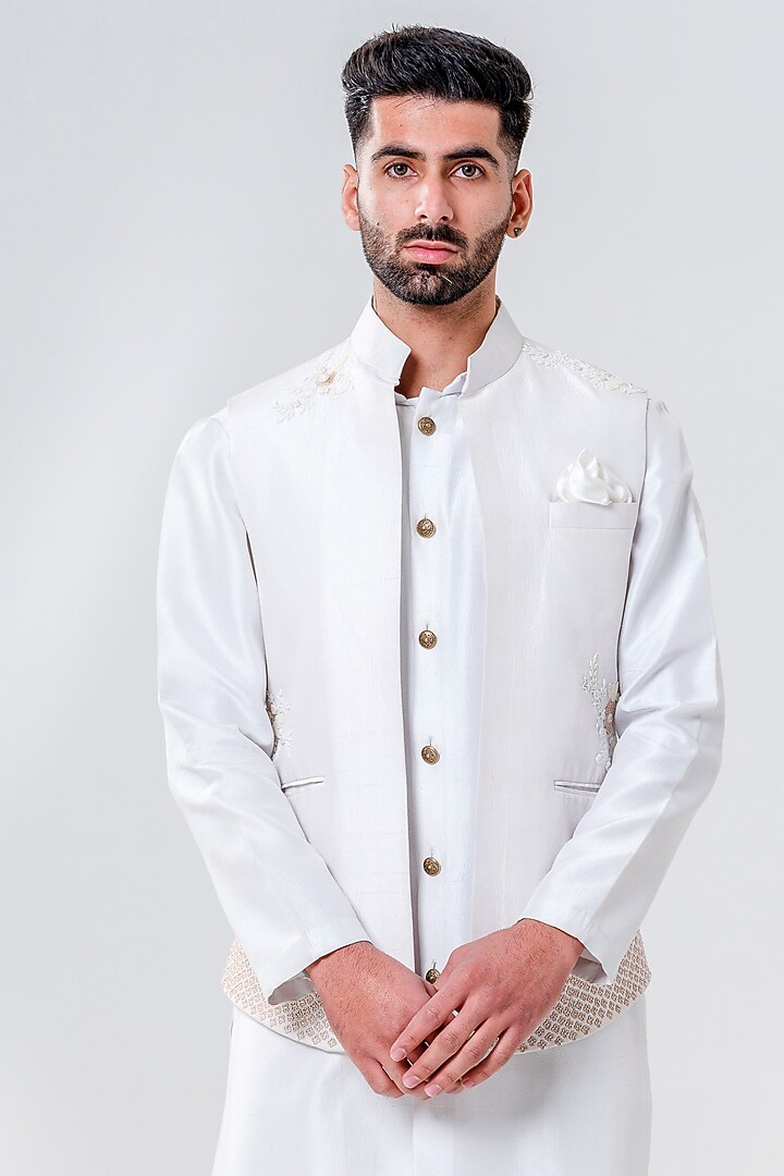 Dust Grey Silk Embellished Jacket Set by Amrit Dawani at Pernia's Pop Up Shop