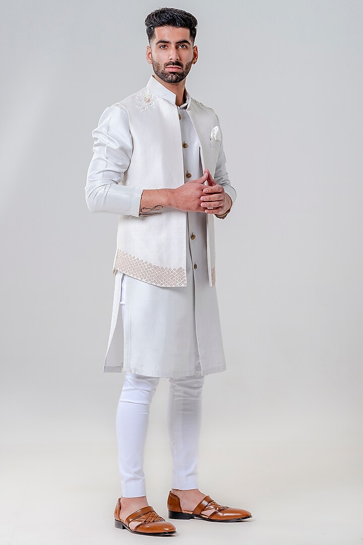 Dust Grey Silk Embellished Jacket Set by Amrit Dawani at Pernia's Pop Up Shop