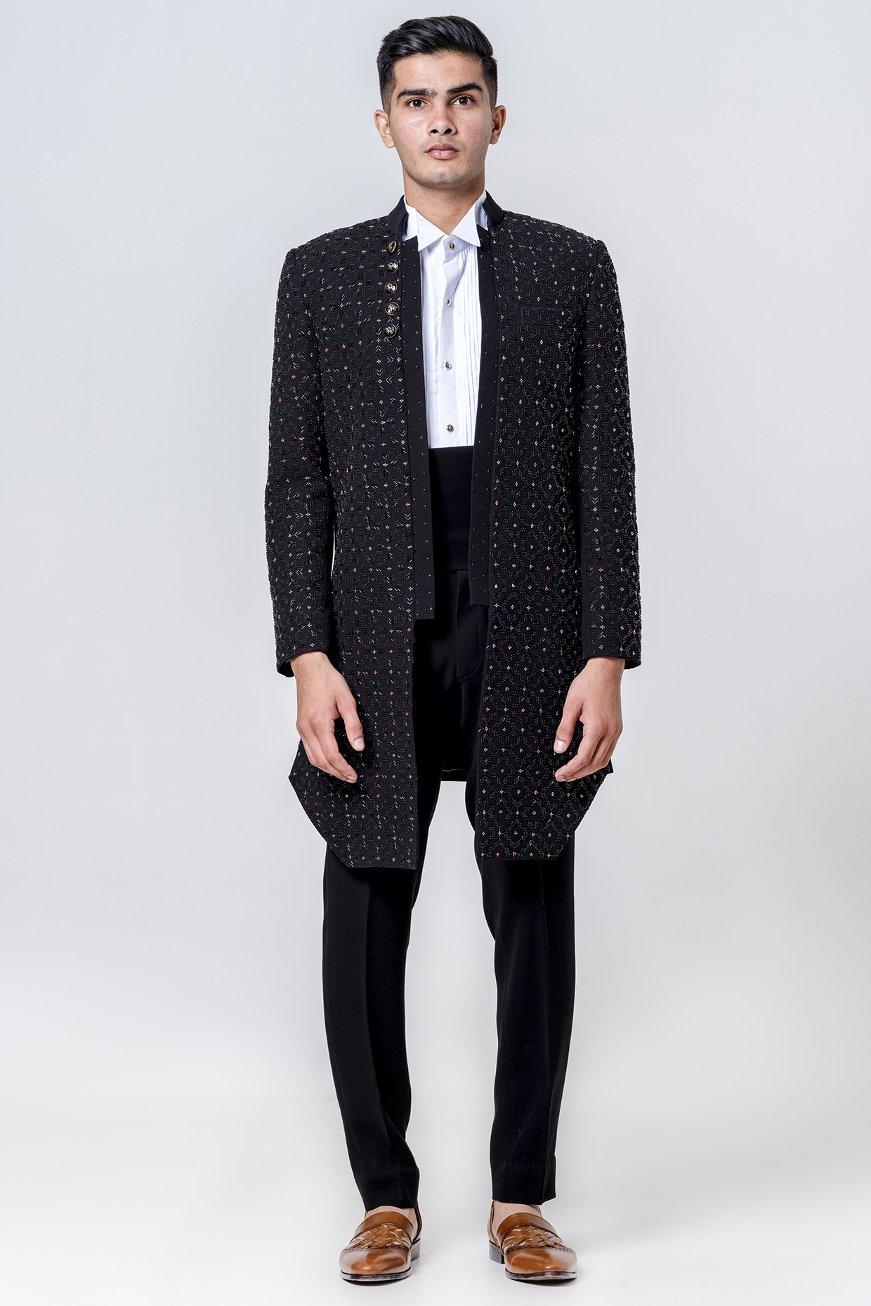 Black Japenese Embellished Groom Indowestern Set by Amrit Dawani at Pernia's Pop Up Shop