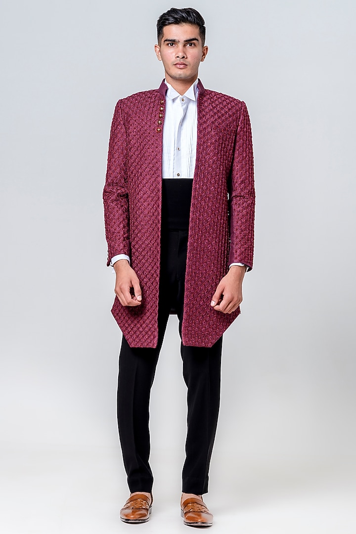 Maroon Silk Embellished Jacket Set by Amrit Dawani at Pernia's Pop Up Shop