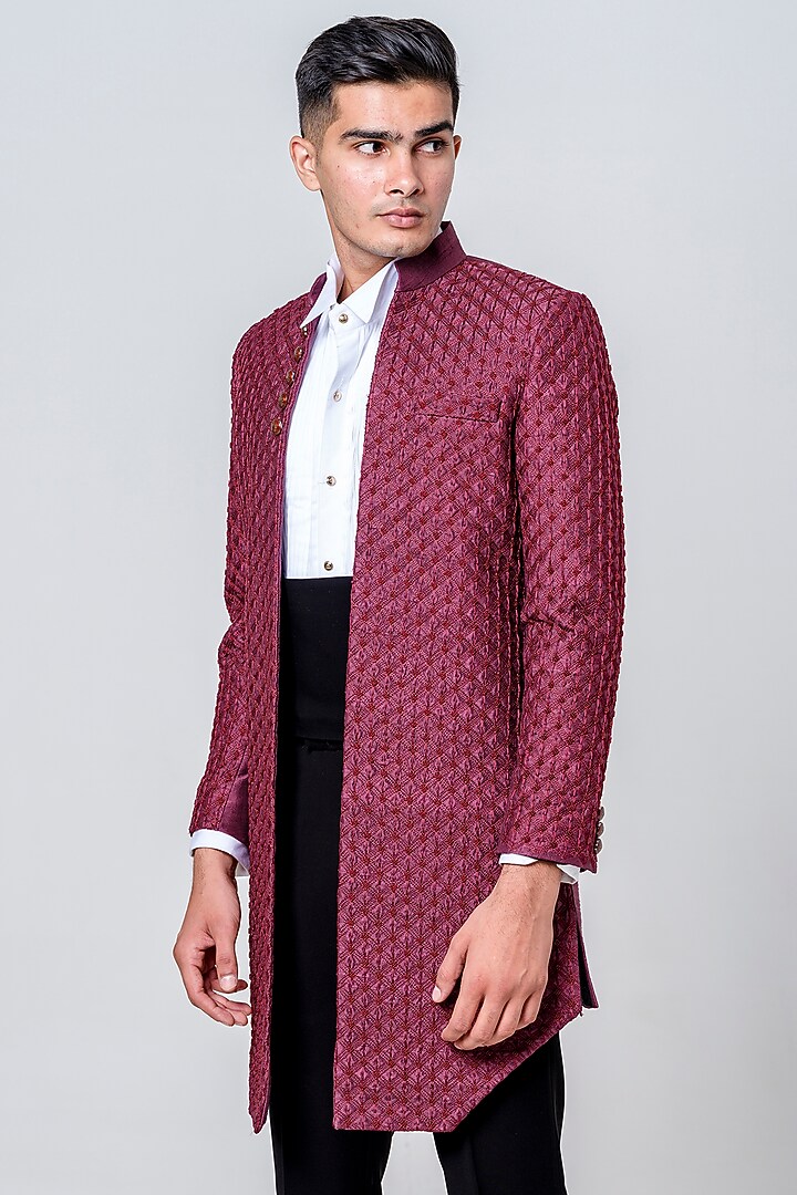 Maroon Silk Embellished Jacket Set by Amrit Dawani at Pernia's Pop Up Shop