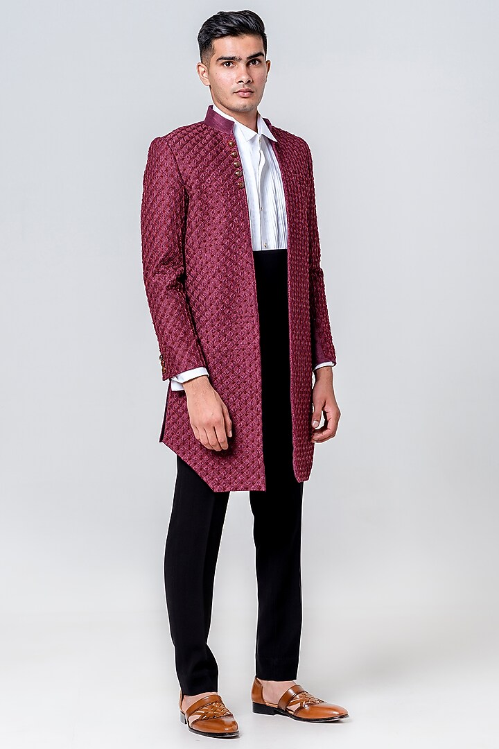 Maroon Silk Embellished Jacket Set by Amrit Dawani at Pernia's Pop Up Shop