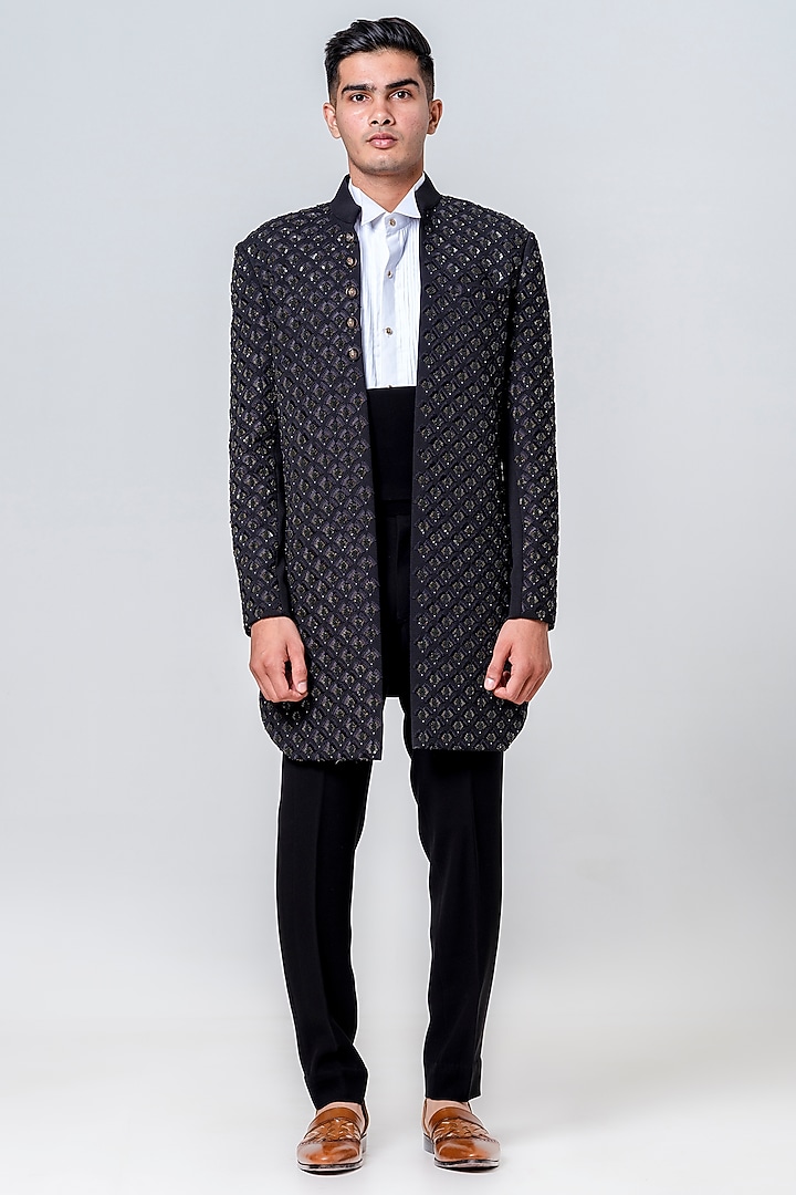Black Japanese Polyester Embellished Jacket Set by Amrit Dawani at Pernia's Pop Up Shop