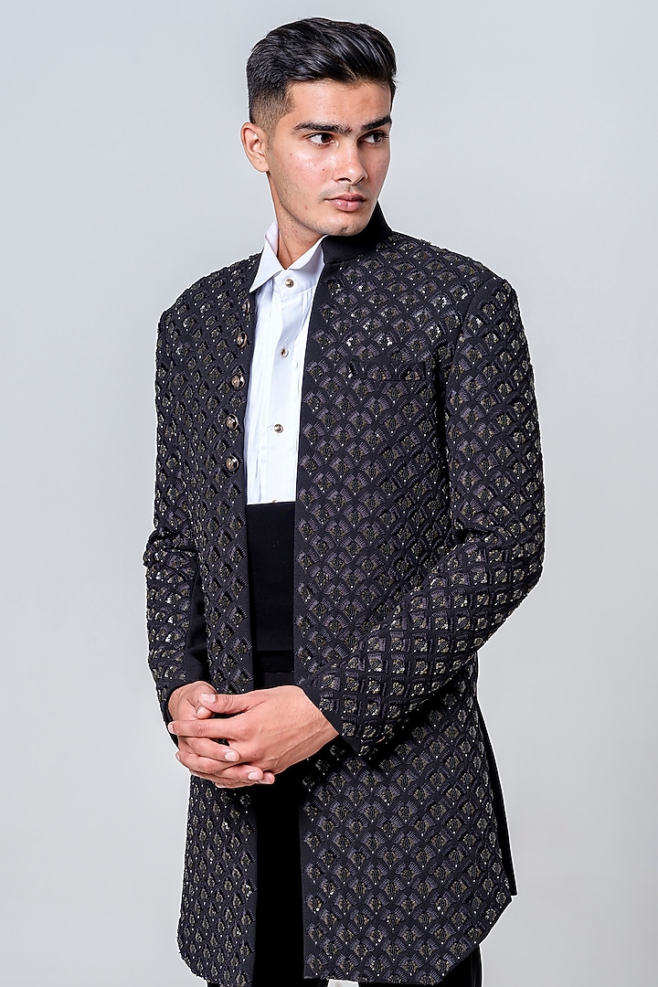 Black Japanese Polyester Embellished Jacket Set by Amrit Dawani at Pernia's Pop Up Shop