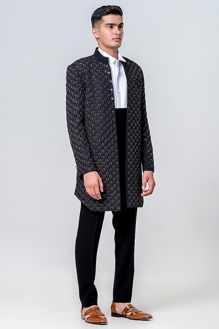 Black Japanese Polyester Embellished Jacket Set by Amrit Dawani at Pernia's Pop Up Shop