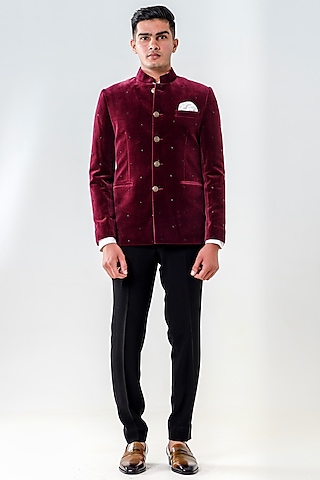 Maroon Velvet Jodhpuri Set by Amrit Dawani