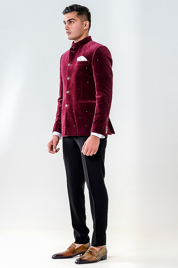 Maroon Velvet Jodhpuri Set by Amrit Dawani at Pernia's Pop Up Shop