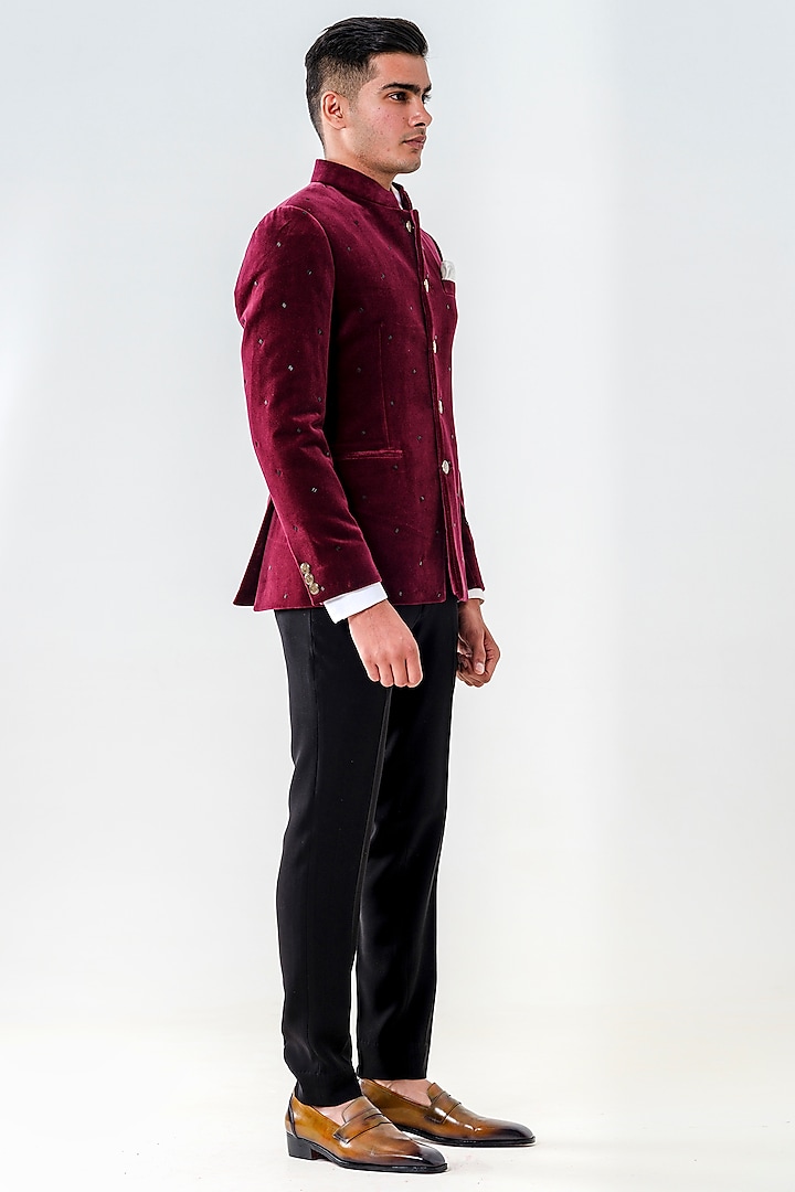 Maroon Velvet Jodhpuri Set by Amrit Dawani at Pernia's Pop Up Shop