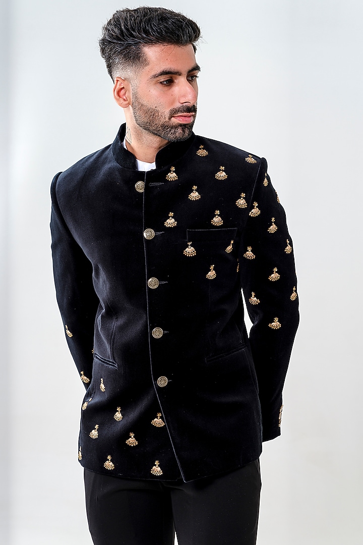 Black Velvet Jodhpuri Set by Amrit Dawani at Pernia's Pop Up Shop