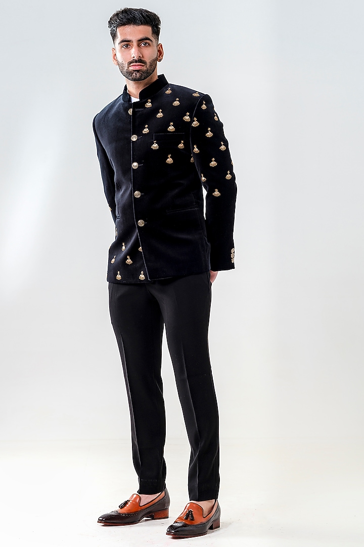 Black Velvet Jodhpuri Set by Amrit Dawani at Pernia's Pop Up Shop