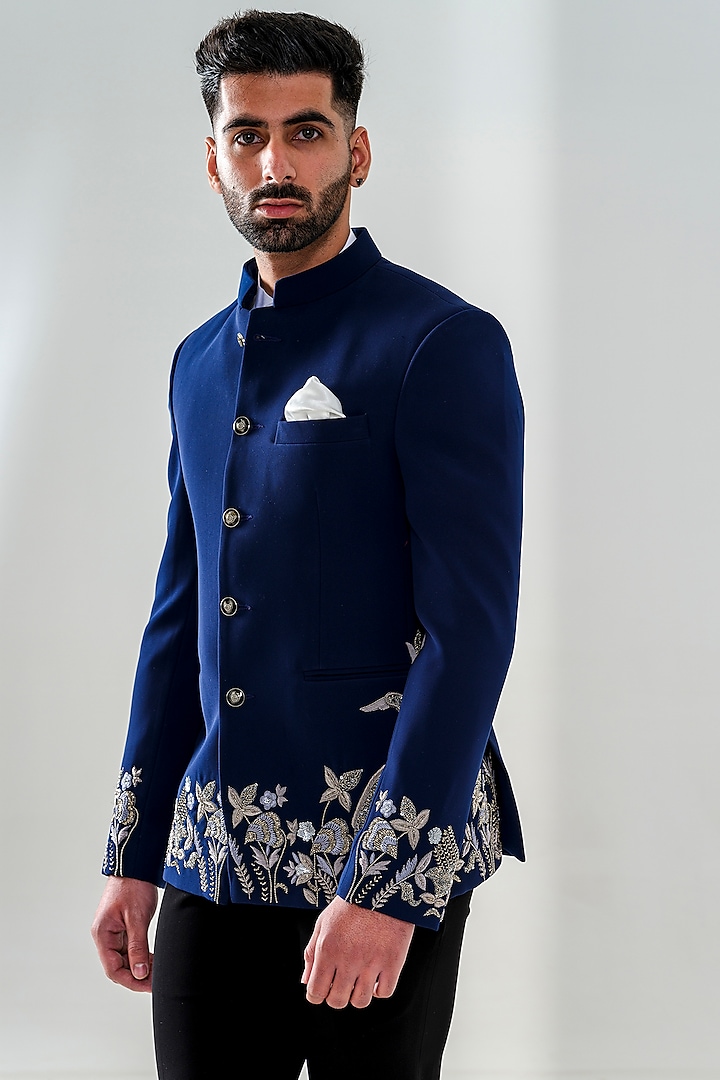 Blue Japanese Polyester Embroidered Jodhpuri Set by Amrit Dawani at Pernia's Pop Up Shop