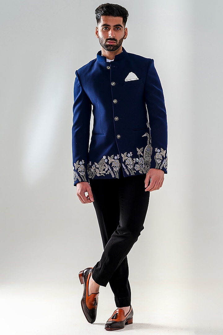Blue Japanese Polyester Embroidered Jodhpuri Set by Amrit Dawani at Pernia's Pop Up Shop