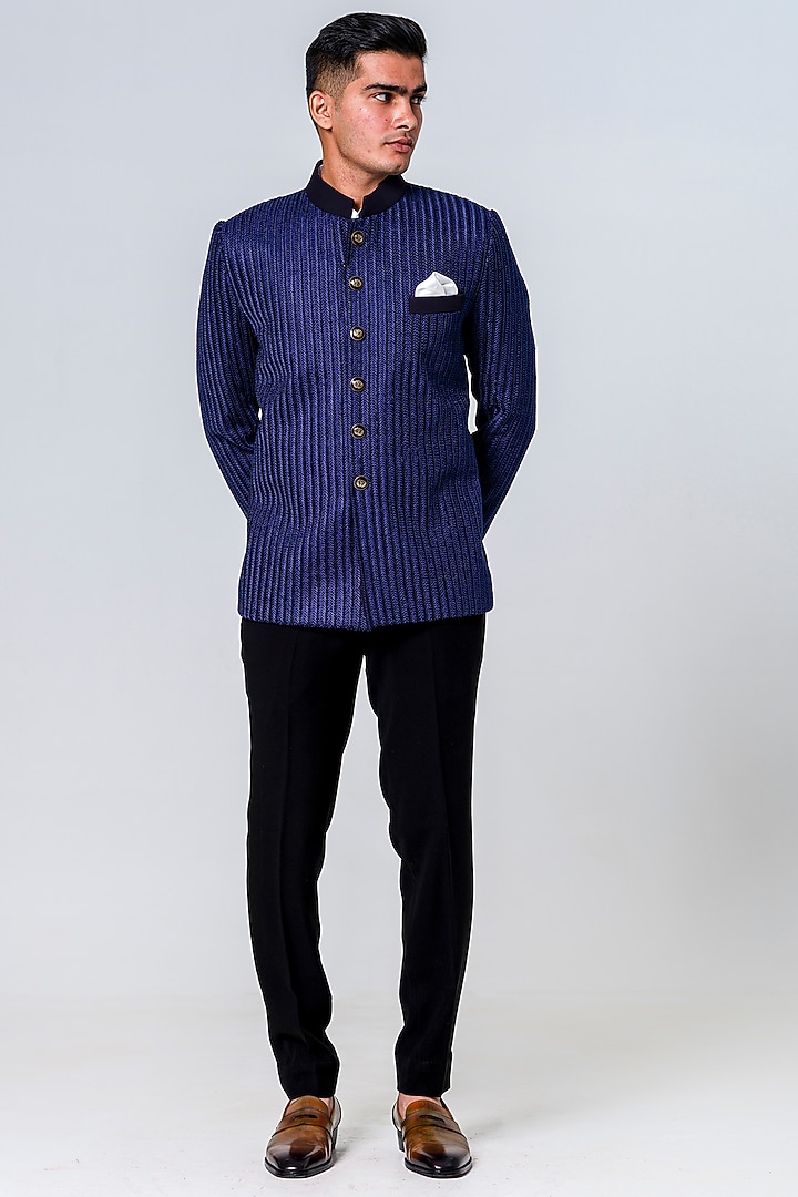 Blue Japanese Polyester Embroidered Jodhpuri Set by Amrit Dawani at Pernia's Pop Up Shop