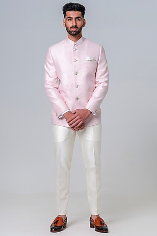 Pink Dupion Silk Embroidered Jodhpuri Set by Amrit Dawani