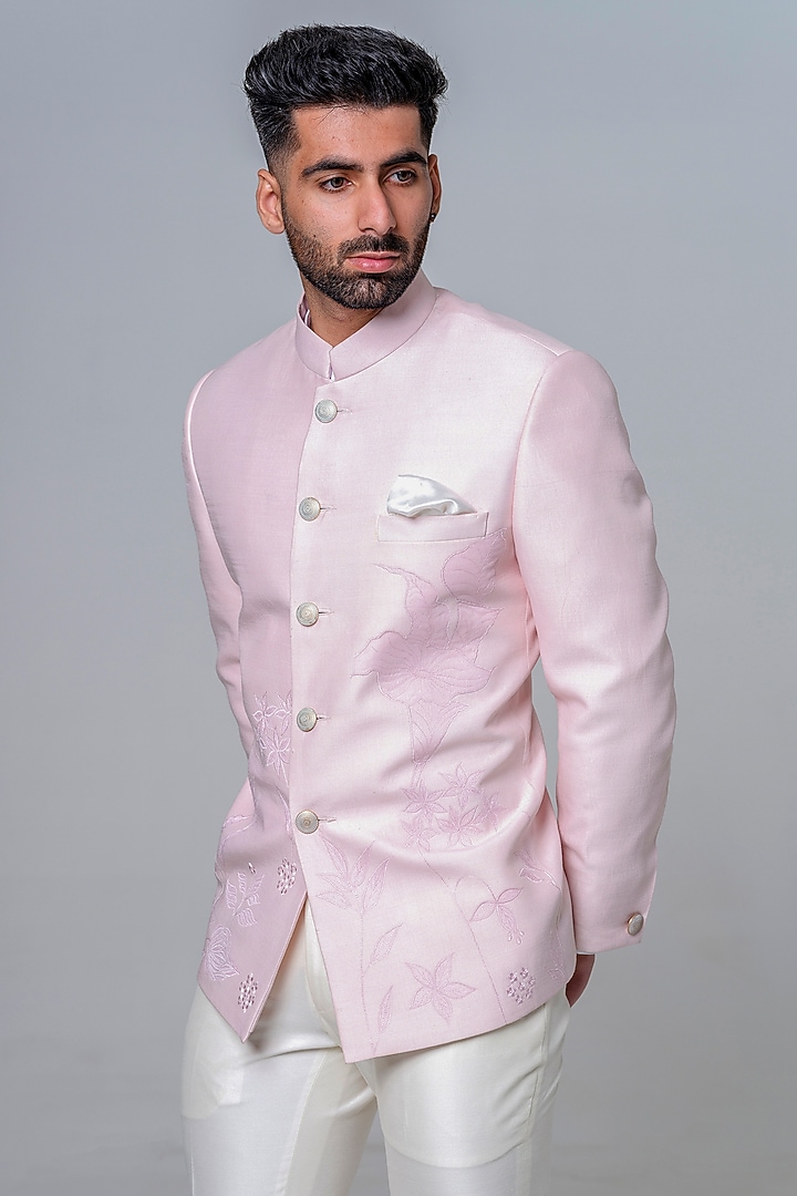 Pink Dupion Silk Embroidered Jodhpuri Set by Amrit Dawani at Pernia's Pop Up Shop