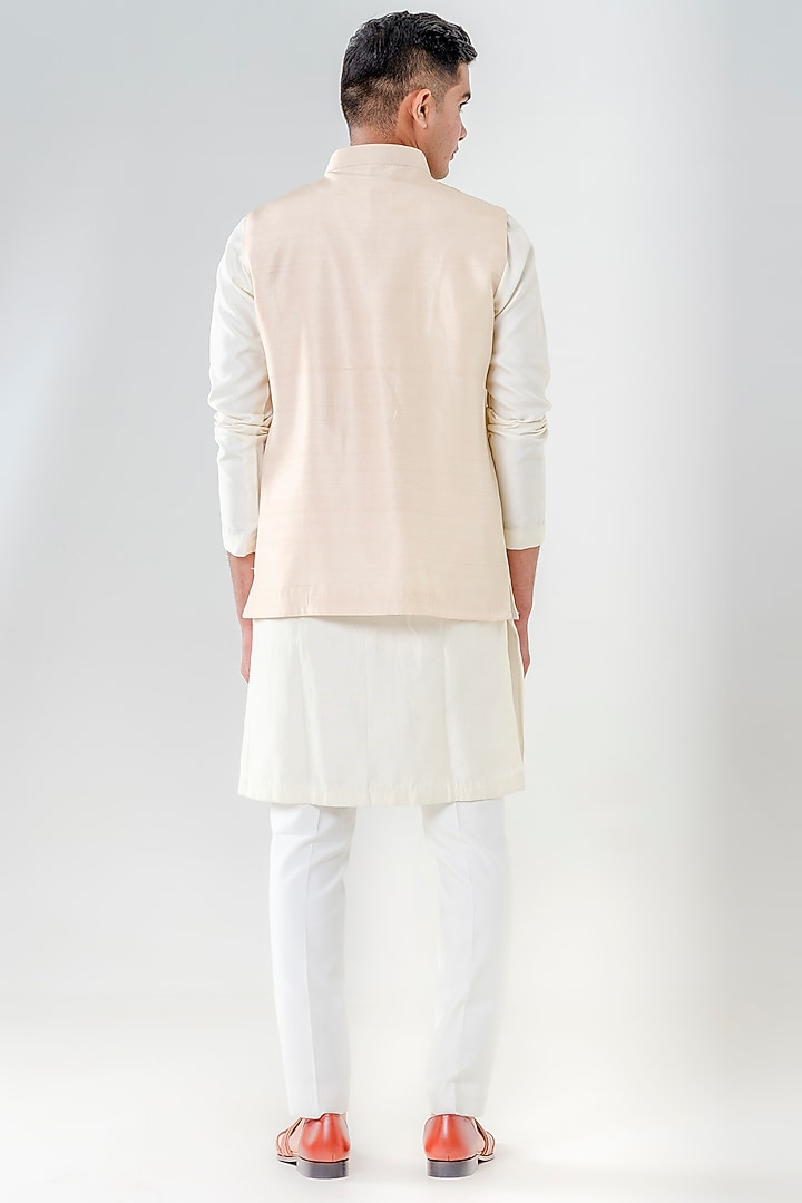 Beige Dupion Silk Embroidered Bundi Jacket Set by Amrit Dawani at Pernia's Pop Up Shop