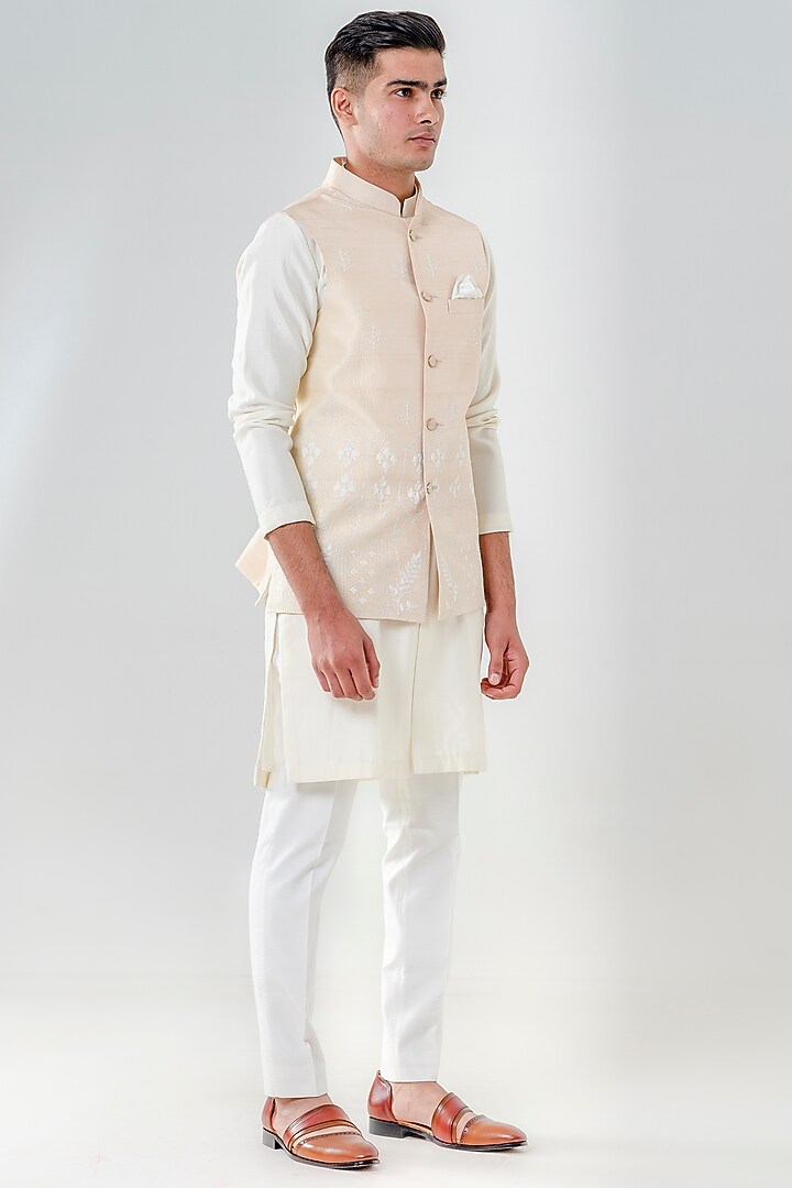 Beige Dupion Silk Embroidered Bundi Jacket Set by Amrit Dawani at Pernia's Pop Up Shop