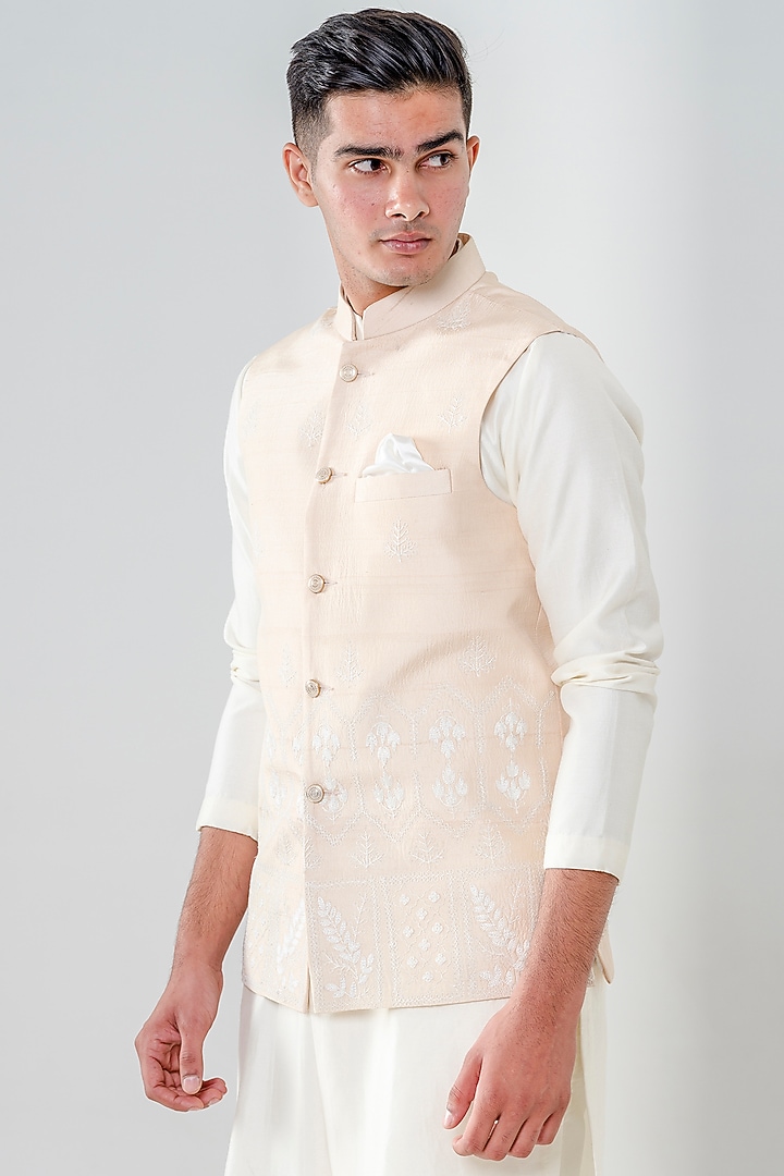 Beige Dupion Silk Embroidered Bundi Jacket Set by Amrit Dawani at Pernia's Pop Up Shop