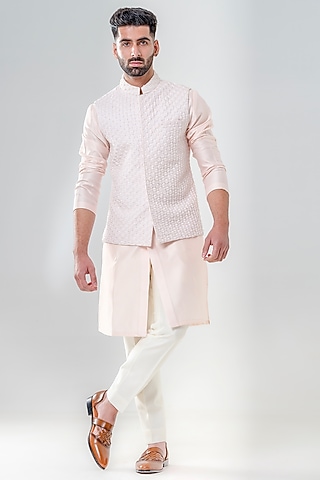 Blush Pink Dupion Silk Moti Embroidered Bundi Jacket Set by Amrit ...