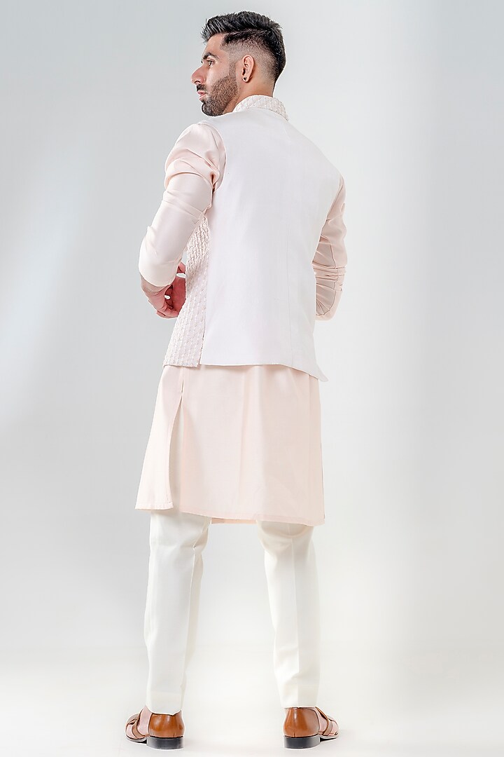 Blush Pink Dupion Silk Moti Embroidered Bundi Jacket Set by Amrit Dawani at Pernia's Pop Up Shop