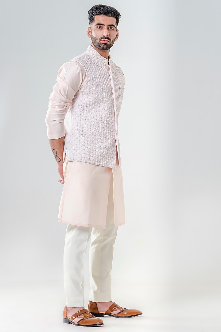 Blush Pink Dupion Silk Moti Embroidered Bundi Jacket Set by Amrit Dawani at Pernia's Pop Up Shop