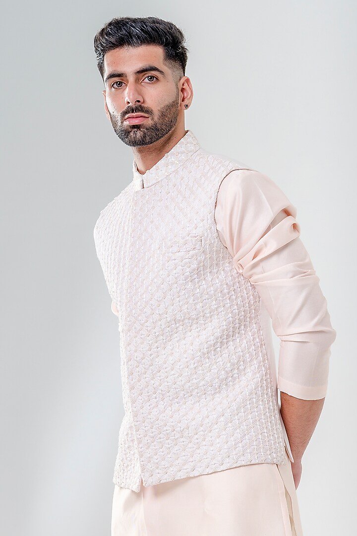 Blush Pink Dupion Silk Moti Embroidered Bundi Jacket Set by Amrit Dawani at Pernia's Pop Up Shop