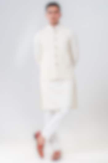 Ivory Lucknowi Bundi Jacket With Kurta Set by Amrit Dawani