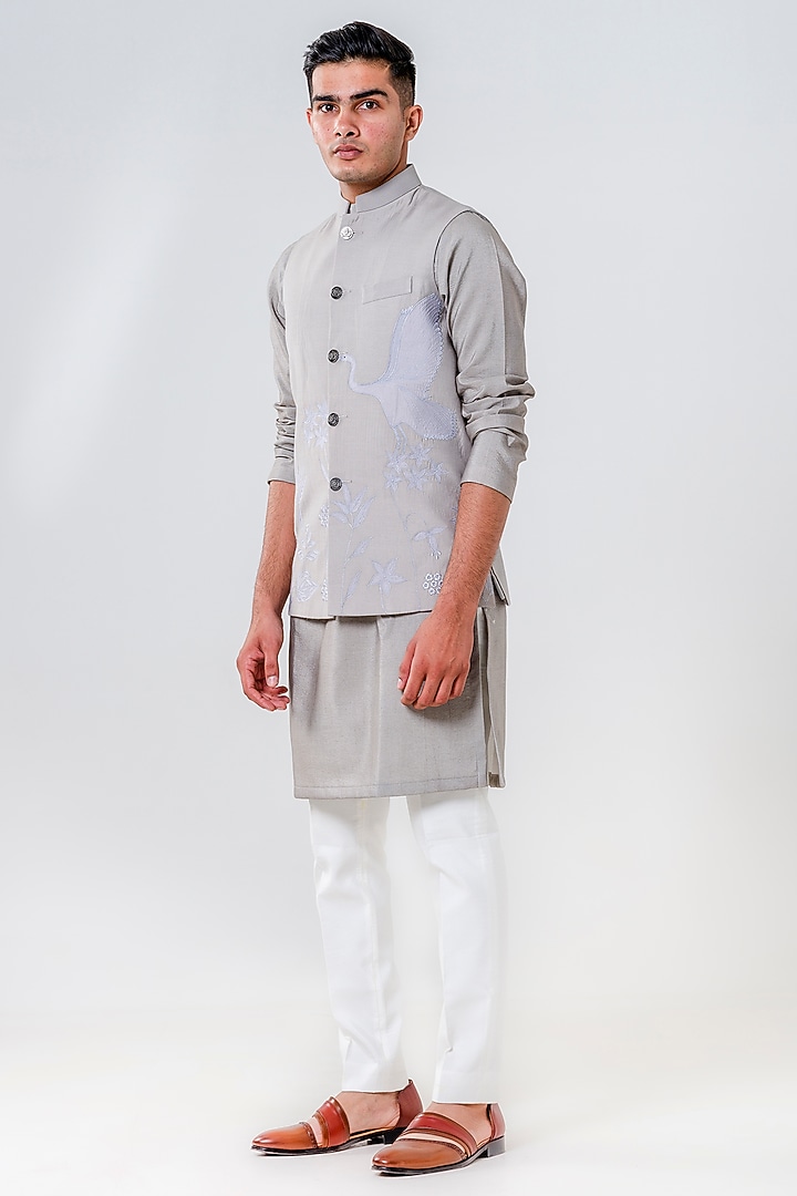Grey Cotton Silk Bundi Jacket Set by Amrit Dawani at Pernia's Pop Up Shop