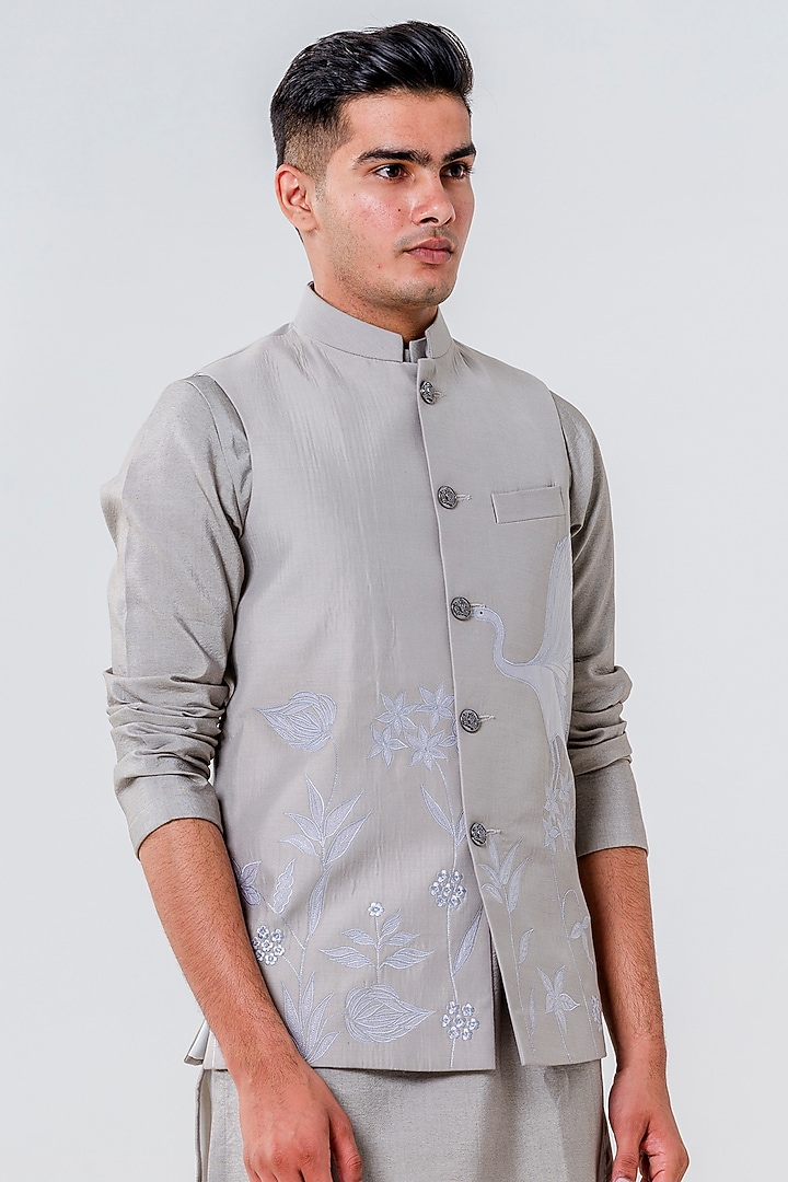 Grey Cotton Silk Bundi Jacket Set by Amrit Dawani at Pernia's Pop Up Shop