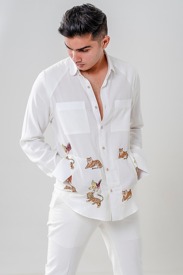White Cotton Motif Handpainted Party Wear Shirt by Amrit Dawani at Pernia's Pop Up Shop
