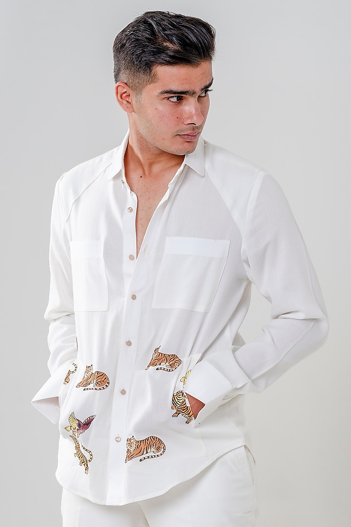 White Cotton Motif Handpainted Party Wear Shirt by Amrit Dawani at Pernia's Pop Up Shop