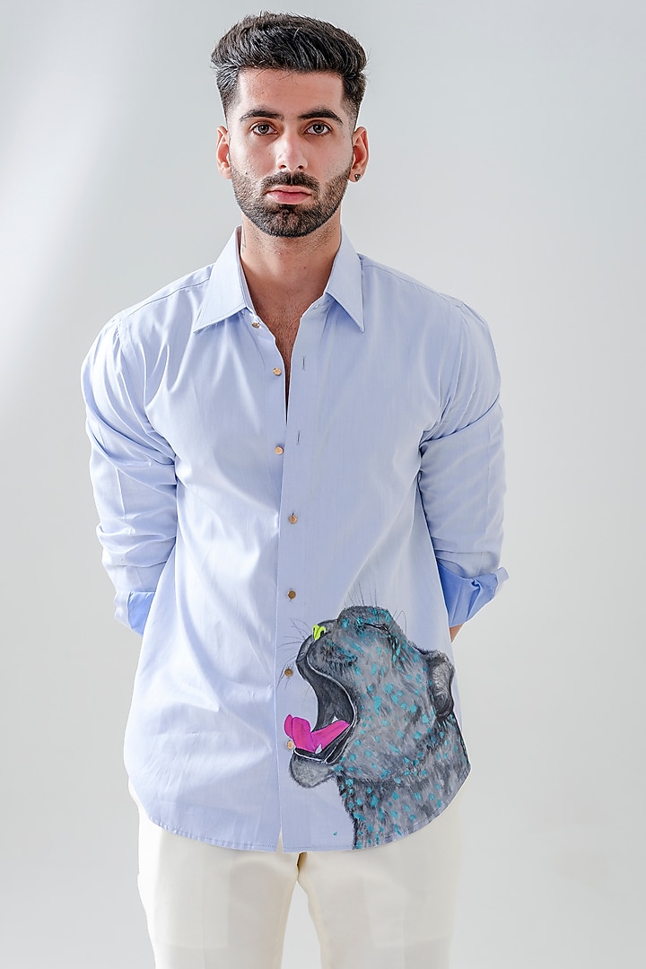 Light Blue Cotton Motif Handpainted Party Wear Shirt by Amrit Dawani at Pernia's Pop Up Shop