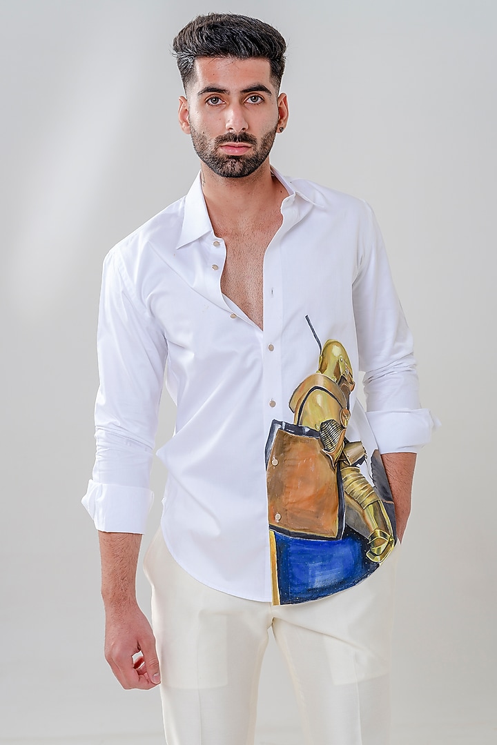 White Cotton Motif Handpainted Party Wear Shirt by Amrit Dawani at Pernia's Pop Up Shop
