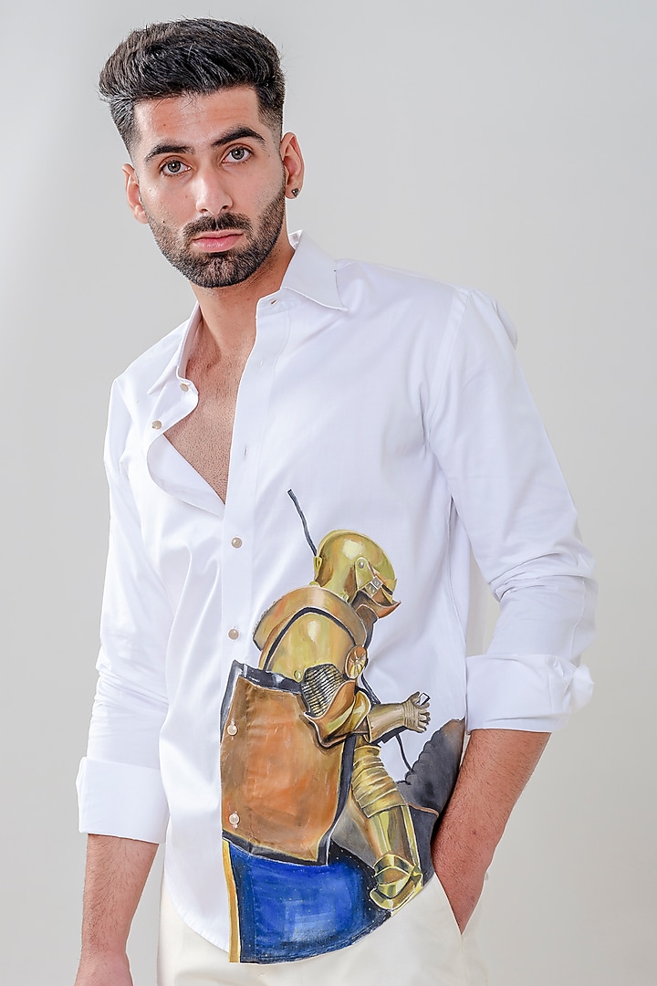 White Cotton Motif Handpainted Party Wear Shirt by Amrit Dawani at Pernia's Pop Up Shop