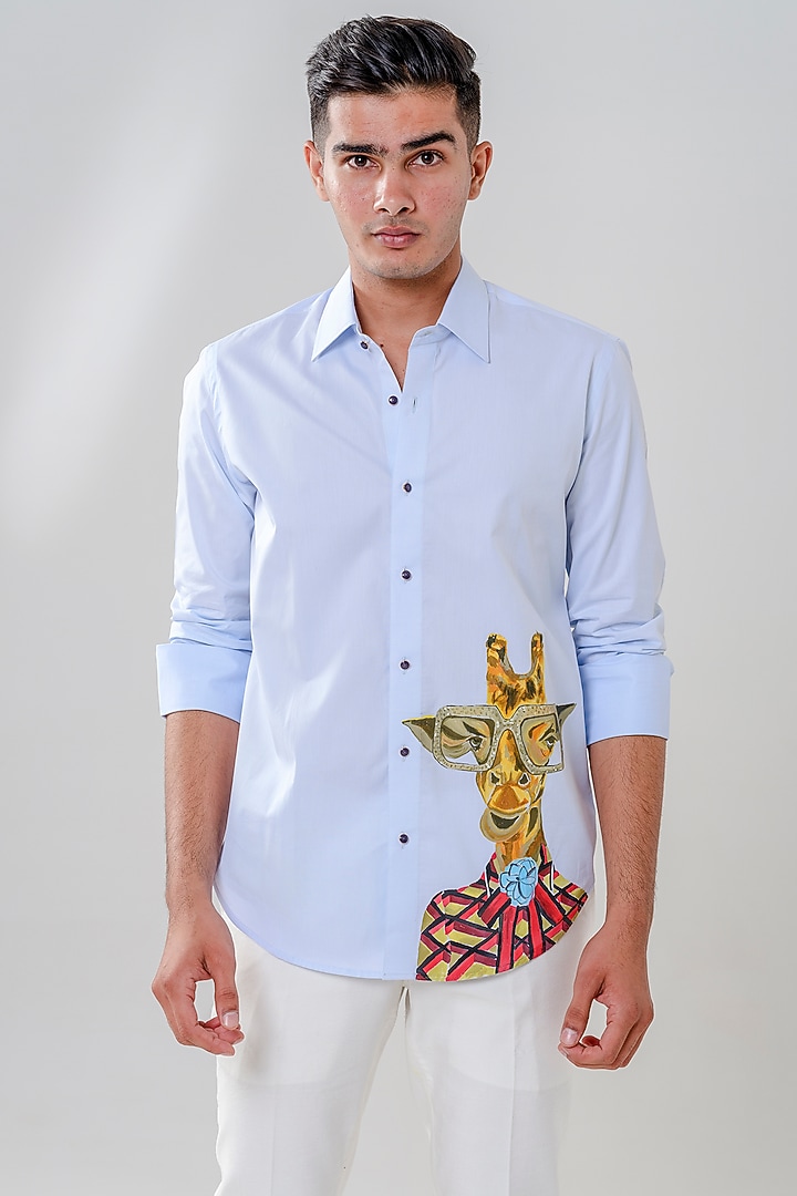 Light Blue Luxe Cotton Motif Handpainted Wedding Shirt by Amrit Dawani at Pernia's Pop Up Shop