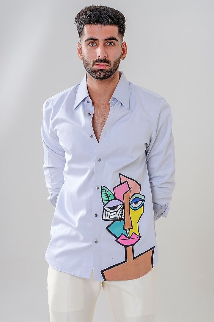 Light Blue Cotton Abstract Handpainted Party Wear Shirt by Amrit Dawani at Pernia's Pop Up Shop