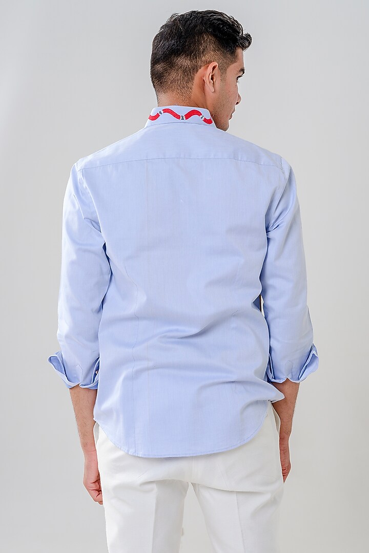 Light Blue Cotton Handpainted & Embroidered Party Wear Shirt by Amrit Dawani at Pernia's Pop Up Shop