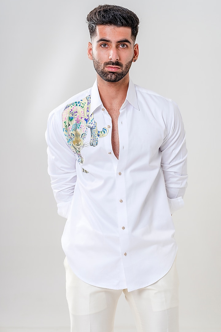 White Cotton Handpainted Party Wear Shirt by Amrit Dawani at Pernia's Pop Up Shop