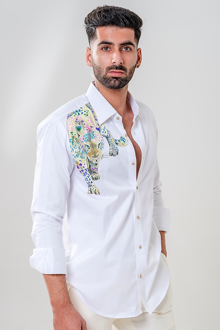 White Cotton Handpainted Party Wear Shirt by Amrit Dawani at Pernia's Pop Up Shop