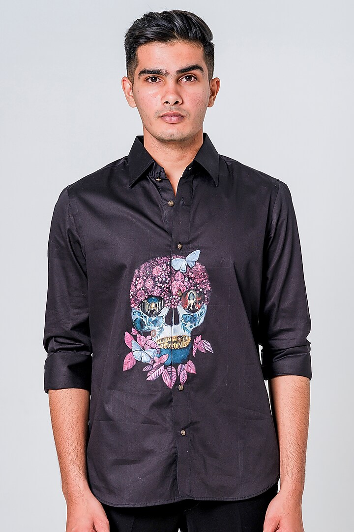 Black Cotton Handpainted Party Wear Shirt by Amrit Dawani at Pernia's Pop Up Shop