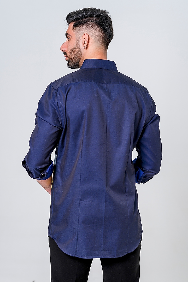 Midnight Blue Luxe Cotton Abstract Handpainted Wedding Shirt by Amrit Dawani at Pernia's Pop Up Shop