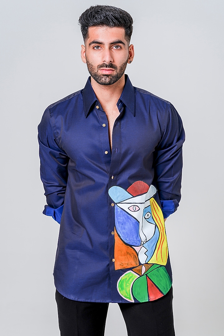 Midnight Blue Luxe Cotton Abstract Handpainted Wedding Shirt by Amrit Dawani at Pernia's Pop Up Shop