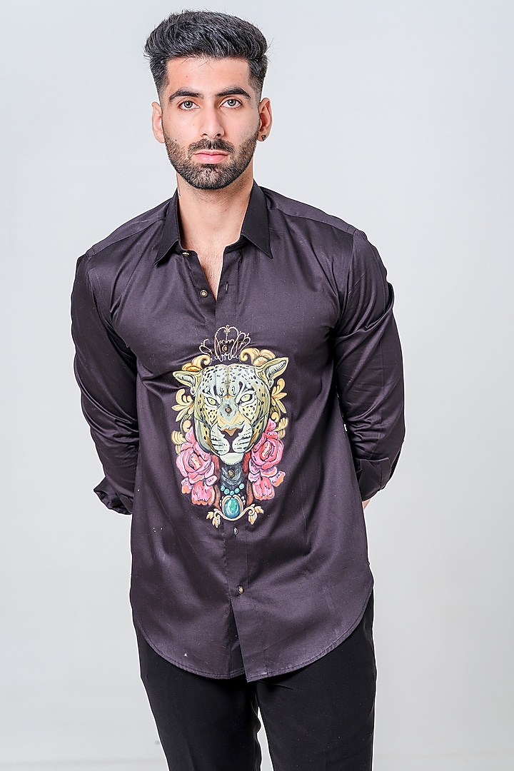 Black Cotton Handpainted Party Wear Shirt by Amrit Dawani at Pernia's Pop Up Shop