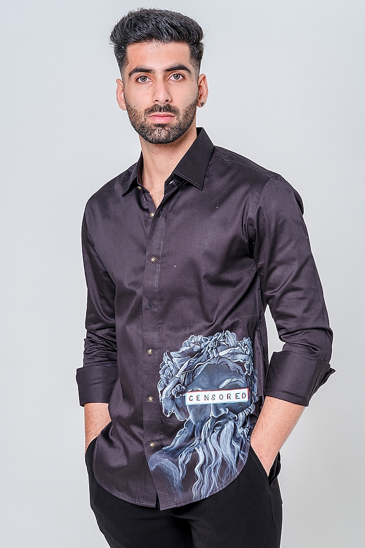 Black Cotton Handpainted Party Wear Shirt by Amrit Dawani at Pernia's Pop Up Shop